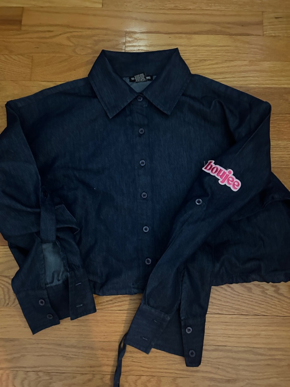 Dark Denim Button-Up Shirt with 'boujee' Sleeve Patch
